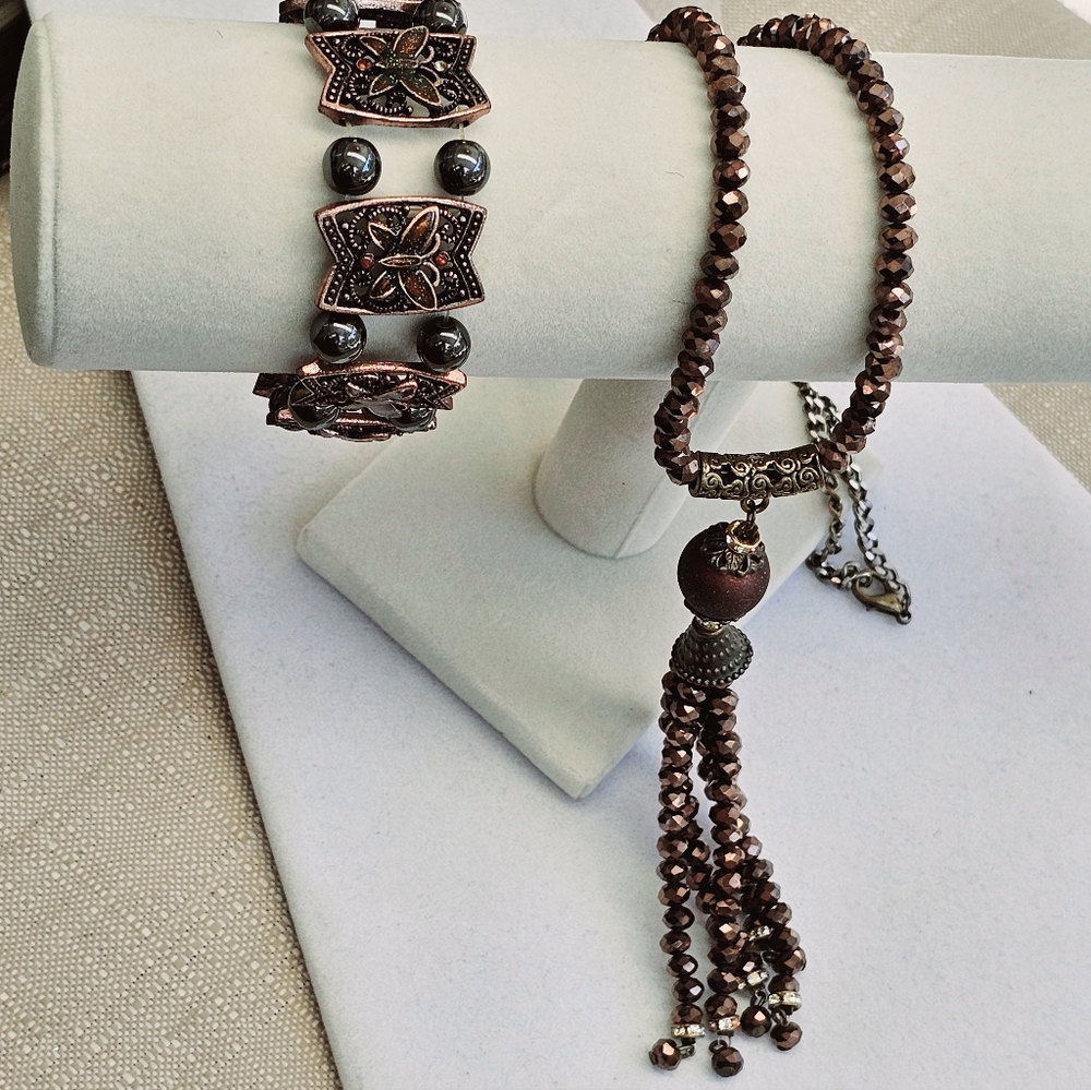 SET!  Brown Faceted Glass Beads and Hematite Necklace and Bracelet Set